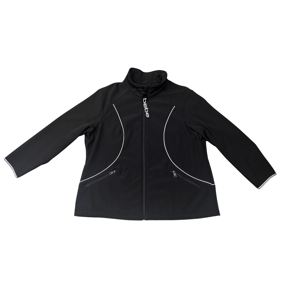 Size 3XL - Bebe Sport Womens Black Softshell Track Jacket White Piping Full Zip